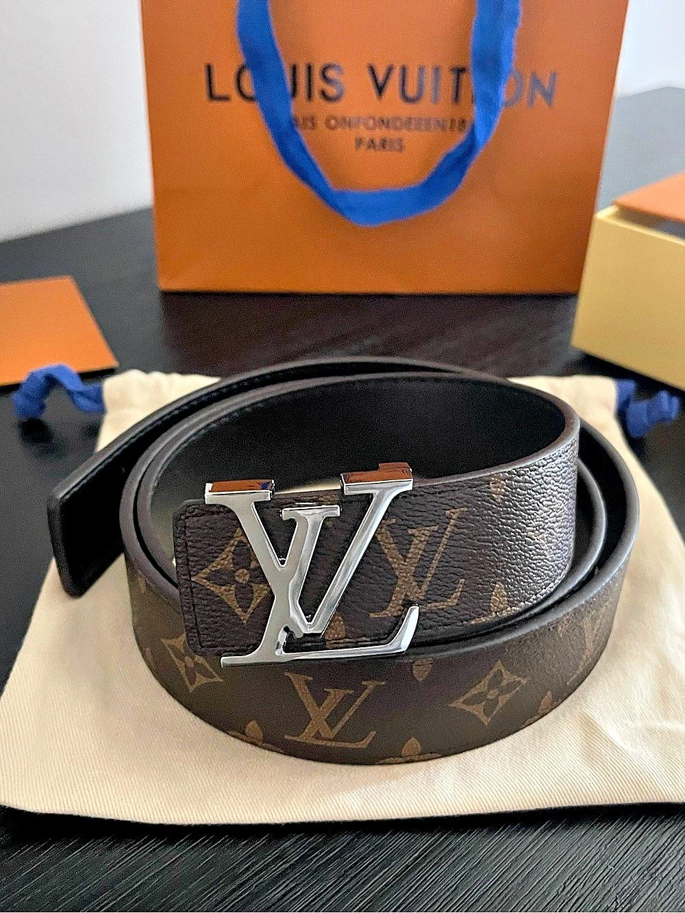 Louis Vuitton Silver LV Initials 40mm Reversible Belt Brown & Black 50/125